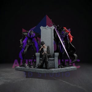 May include: A detailed figurine set featuring a person seated on a throne, flanked by two imposing figures. The figures are dark with purple and red accents. The base has the text "AUTHENTIC 3D STUDIO".