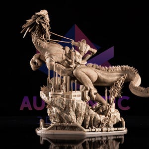 May include: A detailed sculpture of a figure riding a reptilian creature. The sculpture is a light brown colour and features intricate details. The rider is holding reins, and the creature has a long tail and spiky back. The sculpture is mounted on a rocky base.