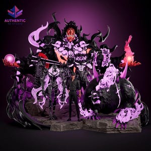 May include: A detailed 3D-printed statue featuring a central figure surrounded by several dark, menacing creatures with glowing purple accents. The statue has a dark colour scheme with intricate details and the text "AUTHENTIC 3D STUDIO".