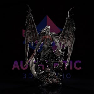 May include: A detailed figurine of a winged figure with long white hair, wearing dark armor with red accents. The figure holds a sword and stands atop a base with skulls. The wings are large and textured, with a dark, reddish-brown color.