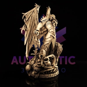 May include: A detailed, sepia-toned 3D-printed figurine of a winged warrior, holding a weapon and standing atop a creature with multiple heads. The figure has intricate armor and a flowing cape. The word "AUTHENTIC" is partially visible.