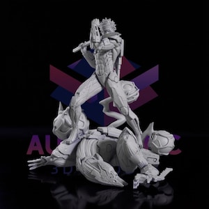 May include: A gray figurine of a futuristic warrior in a dynamic pose, wielding a sword and standing over a defeated robotic figure. The sculpture has intricate details and is set against a dark background.