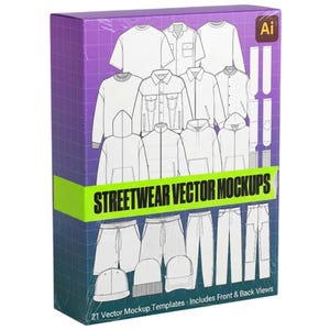 May include: A purple box with a green banner displaying "STREETWEAR VECTOR MOCKUPS". The box contains illustrations of various streetwear clothing items, including t-shirts, jackets, hoodies, shorts, pants, and hats. The text "21 Vector Mockup Templates - Includes Front & Back Views" is also visible.