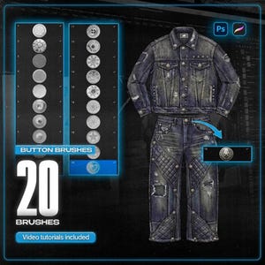 May include: Digital art set featuring 20 button brushes and a denim jacket and jeans ensemble. The jacket and jeans are distressed with quilted accents and metal studs. The image includes the text "BUTTON BRUSHES", "20 BRUSHES", and "Video tutorials included".