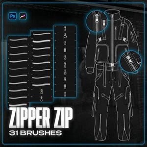Zip Brushes for Procreate | 30 Realistic Zipper Stamp Brushes for Clothing Design, Streetwear, Jacket & Fashion Illustration