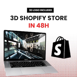 May include: A silver laptop displaying a 3D store interior, with a black Shopify shopping bag icon. Text reads "3D LOGO INCLUDED" and "3D SHOPIFY STORE IN 48H" in black and red, respectively. The background has a red dotted pattern.