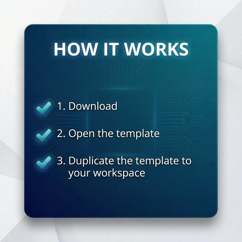 May include: A dark blue graphic with the text "HOW IT WORKS" in white. The steps are numbered and include: Download, Open the template, and Duplicate the template to your workspace.
