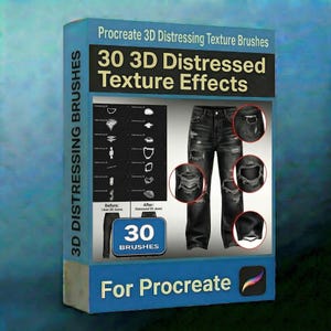 May include: A product box displaying "Procreate 3D Distressing Texture Brushes" and "30 3D Distressed Texture Effects." The box shows distressed black jeans and a set of brushes. The text "For Procreate" is also visible.