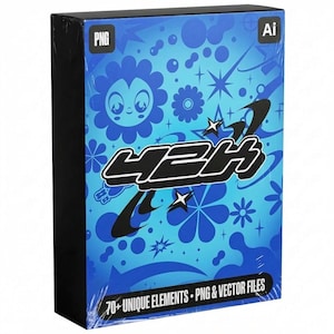 May include: A black box wrapped in clear plastic. The box has a blue background with a floral design and the text "YEH" in a white outline. The box also has the text "PNG" and "Ai" and "70+ UNIQUE ELEMENTS - PNG & VECTOR FILES."