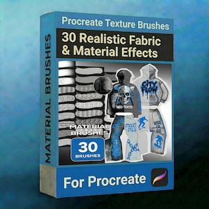 Pode incluir: Uma caixa azul com "Procreate Texture Brushes" e "30 Realistic Fabric & Material Effects". A caixa mostra texturas de tecido e ilustrações de roupas com textos como "NEO-TOKYO", "CITY FLOW", "STREET STULE" e "RIDE OR DIE". Está rotulada como "For Procreate".