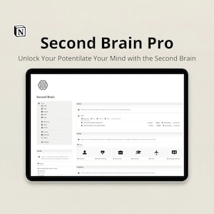 Op de afbeelding: Een zwarte tablet toont de tekst "Second Brain Pro" en "Unlock Your Potentilate Your Mind with the Second Brain." Het scherm toont een digitale werkruimte met pictogrammen en tekst, waaronder "Inbox" en "Areas."