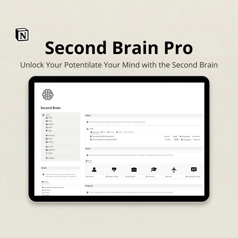 May include: A black tablet displays the text "Second Brain Pro" and "Unlock Your Potentilate Your Mind with the Second Brain." The screen shows a digital workspace with various icons and text, including "Inbox" and "Areas."