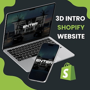 May include: A laptop and smartphone display a website interface with the word "ENTER" on the screen. The image also includes a green shopping bag with a white "S" and the text "3D INTRO SHOPIFY WEBSITE".