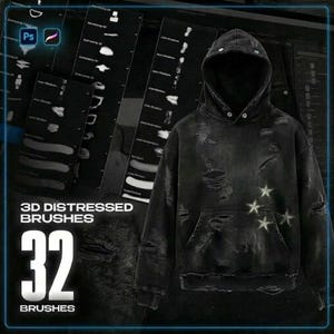 May include: Black distressed hoodie with a hood and front pocket. The hoodie has star designs and ripped details. The image also displays the text "3D DISTRESSED BRUSHES" and "32 BRUSHES" with the Photoshop logo.