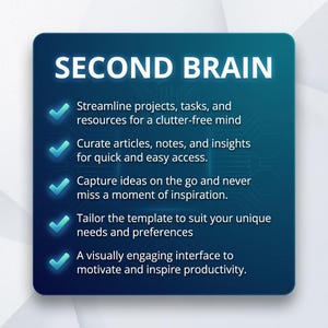 May include: A digital graphic with the words "SECOND BRAIN" in white text. The graphic lists features such as streamlining projects, curating articles, capturing ideas, tailoring templates, and a visually engaging interface.