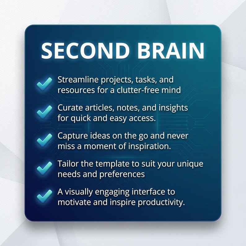 May include: A digital graphic with the words "SECOND BRAIN" in white text. The graphic lists features such as streamlining projects, curating articles, capturing ideas, tailoring templates, and a visually engaging interface.