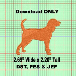 May include: An orange embroidered dog design, 2.69 inches wide and 2.20 inches tall, with the text "Download ONLY". The design is for embroidery machines and includes DST, PES & JEF file formats.