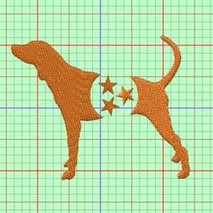 May include: An orange embroidered design of a dog with three stars on a green grid background. The dog's body is segmented into three parts. The design is likely for embroidery or a similar craft project.