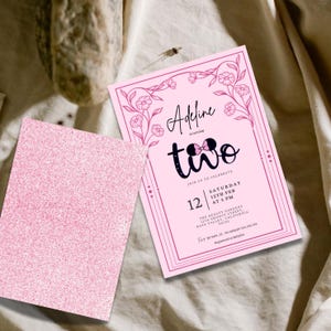 Convite personalizado de 2º aniversário com flores rosa para meninas – Tema de laço da Minnie Mouse, para imprimir ou imprimir, festa personalizada de dois anos
