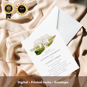 Modern Venue Illustration Hochzeitseinladung Set | Digital & gedruckte Einladung mit Umschlag | Personalisierte minimalistische Hochzeitskarte