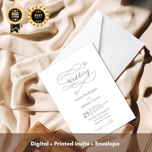 Set di inviti per matrimonio minimalisti in bianco e nero / Invito stampato digitalmente con busta / Design moderno ed elegante