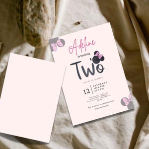 Minnie Maus 2.Geburtstags-Einladung | Rosa Schleife zweijähriges Mädchen Party einladen | Druckbare Digitaler Download | Geburtstagskarte