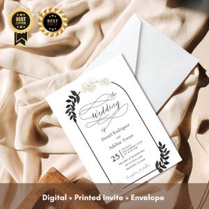 Elegante set di inviti per matrimonio / Inviti digitali e stampati con busta / Design floreale minimalista in bianco e nero / Biglietto di nozze personalizzato