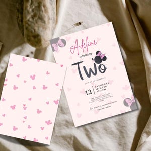 Convite para 2º aniversário da Minnie Mouse, convite para festa de menina com laço rosa, cartão de aniversário editável para crianças de dois anos, para impressão