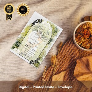 Ensemble floral de faire-part de mariage de verdure | Faire-part numérique et imprimé avec enveloppe | Conception botanique personnalisée