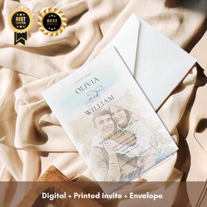 Conjunto de convites de casamento personalizados em aquarela – Convite com retrato personalizado | Convite digital e impresso com foto e aquarela, com envelope