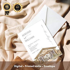Invitación de boda con ilustración de lugar moderno / Invitación digital e impresa con sobre / Tarjeta de boda minimalista personalizada