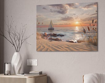 Meer Landschaft Sonnenuntergang Leinwand Druck, Küsten Strand Dekor, Nautische Wandkunst