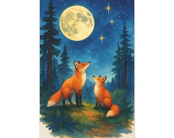 Quadro su tela "Volpe al chiaro di luna": decorazione con cielo notturno sereno, regalo per gli amanti della natura