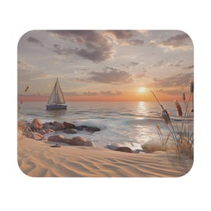 May include: A serene beach scene at sunset. A sailboat glides on the water, with waves crashing on the shore. The sky is filled with clouds, and the sun is setting over the ocean. The sand is a light tan color.