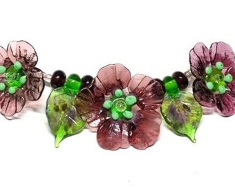 Handmade Lampwork bead, Purple Poppy Flowers, set of three flowers by Mystic Moon Beads SRA U5