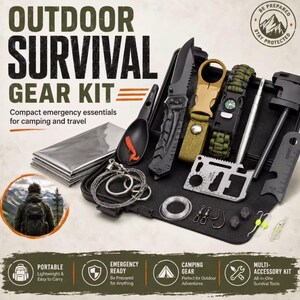 Pode incluir: Um kit de sobrevivência ao ar livre num estojo preto contendo uma faca dobrável, uma correia bege, uma pulseira de paracord verde com bússola, um cartão multi-ferramentas prateado, um iniciador de fogo, uma serra de fio, anzóis e pesos.