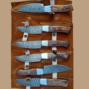 Damascus Steel Steak Knife Set – 6-Piece Handmade Knives with Wood Handles  Leather Sheath for BBQ & Kitchen