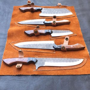 Handmade Carbon Steel Chef Knife Set – 5 Pc Kitchen Knives with Wood Handles – Gift for Groomsmen, Wedding, Father, Chef.