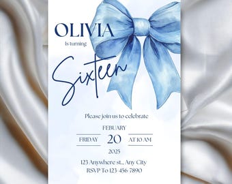 May include: A light blue invitation card with a watercolor bow design. The card reads "OLIVIA Is turning Sixteen" in elegant script. Details include the date, time, and location for a celebration.
