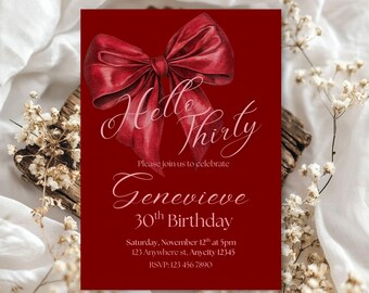 Red Hello Thirty Coquette Invitation ,30th Birthday Bow Party Invite