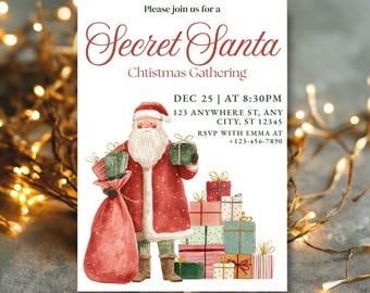 May include: A Christmas-themed invitation with a watercolor illustration of Santa Claus holding gifts. The invitation reads "Secret Santa Christmas Gathering" with event details: December 25th at 8:30 PM, location, and RSVP information.