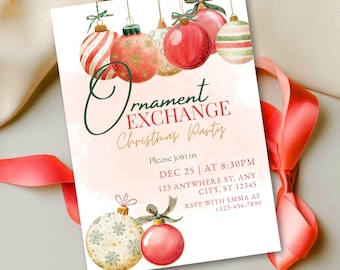 May include: Christmas party invitation featuring watercolor-style ornaments in red, green, and gold. The invitation reads "Ornament Exchange Christmas Party" with event details. A red ribbon adds a festive touch.