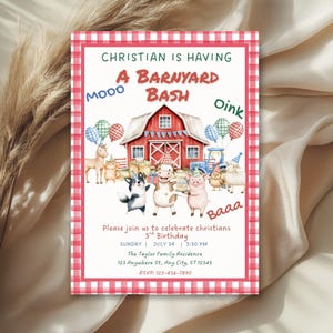 May include: A Barnyard Bash invitation with a red and white gingham border. The invitation features a red barn, farm animals, and text that reads "Christian is having a Barnyard Bash". Includes event details.