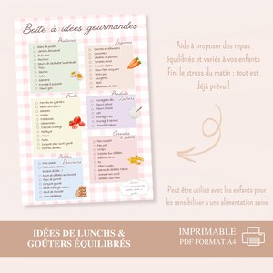 May include: A printable PDF A4 sheet with the title "Bo&icirc;te &agrave; id&eacute;es gourmandes" (Gourmet Ideas Box) features a pink gingham pattern. It lists food ideas categorized as proteins, vegetables, fruits, dairy, cereals, and sweets. Text in French.