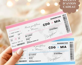 Canva customizable printable plane ticket, in French, Surprise travel gift boarding pass, to print, plane ticket template