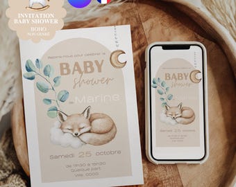 Invito per baby shower stampabile e modificabile in francese - Invito digitale per baby shower boho, neutro e misto per bambine o bambini - A5
