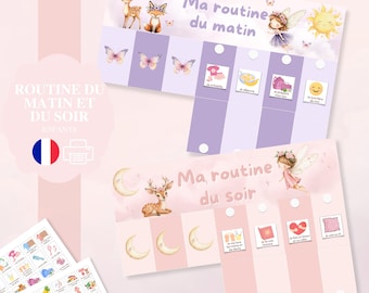 Op de afbeelding: Twee kleurrijke kinderroutinekaarten met de tekst "Ma routine du matin" en "Ma routine du soir". De bovenste kaart is paars en bevat illustraties van een hert, een vos, vlinders en een fee. De onderste kaart is roze en heeft illustraties van een hert, maan en fee.