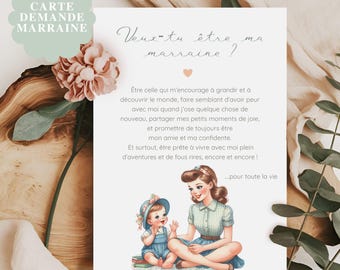 Carte marraine originale vintage à imprimer, Demande future marraine PDF, Texte français Veux-tu être ma marraine ?, poème annonce marraine