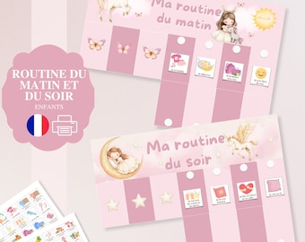 Op de afbeelding: Roze kinderroutinekaarten met illustraties van eenhoorns, vlinders en een slapend meisje op een maan. De tekst "Ma routine du matin" en "Ma routine du soir" is zichtbaar. De kaarten bevatten pictogrammen.