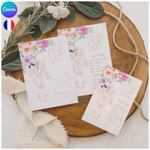 May include: Three invitation cards with floral and robe illustrations. The cards feature the text "EVJF Chloe" and event details. The design includes pink, peach, and green floral accents, with a light pink color scheme. The cards are arranged on a wooden surface.